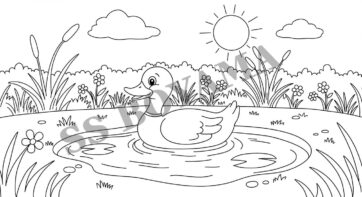 Küçük bir gölette yüzen ördek, arka planda çimen, çiçekler ve güneş