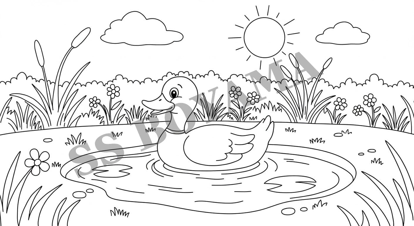 Küçük bir gölette yüzen ördek, arka planda çimen, çiçekler ve güneş